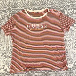 GUESS Los Angeles Multicolored Striped Embroidered T-Shirt Size Large